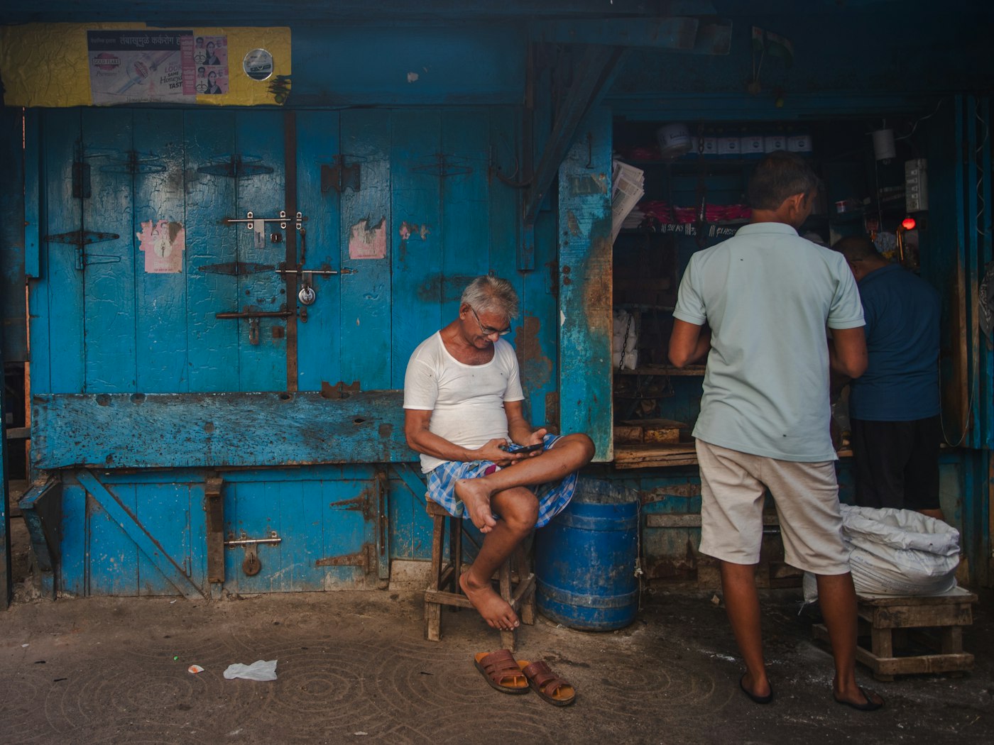 A blue-painted shopfront in India